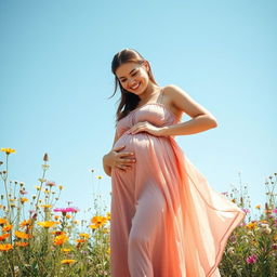 A heartwarming image of a expectant mother standing outdoors, showcasing her pregnancy with a gentle hand on her baby bump