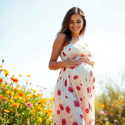 A heartwarming image of a expectant mother standing outdoors, showcasing her pregnancy with a gentle hand on her baby bump