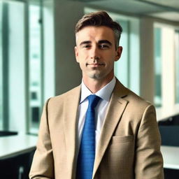 A professional-looking business photo of a confident individual dressed in a sharp suit, standing in a modern office environment illuminated by natural light.