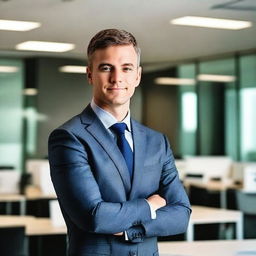 A professional-looking business photo of a confident individual dressed in a sharp suit, standing in a modern office environment illuminated by natural light.