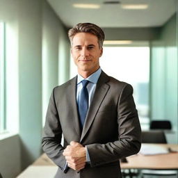 A professional-looking business photo of a confident individual dressed in a sharp suit, standing in a modern office environment illuminated by natural light.