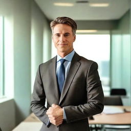 A professional-looking business photo of a confident individual dressed in a sharp suit, standing in a modern office environment illuminated by natural light.