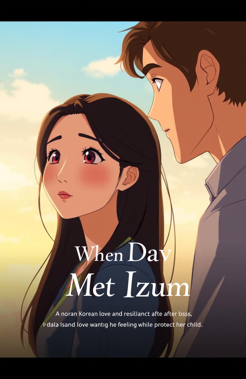 An animated scene featuring a beautiful Korean woman with long hair and a youthful appearance, aged 34, gazing thoughtfully