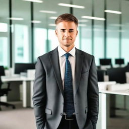 A professional-looking business photo of a confident individual dressed in a sharp suit, standing in a modern office environment illuminated by natural light.