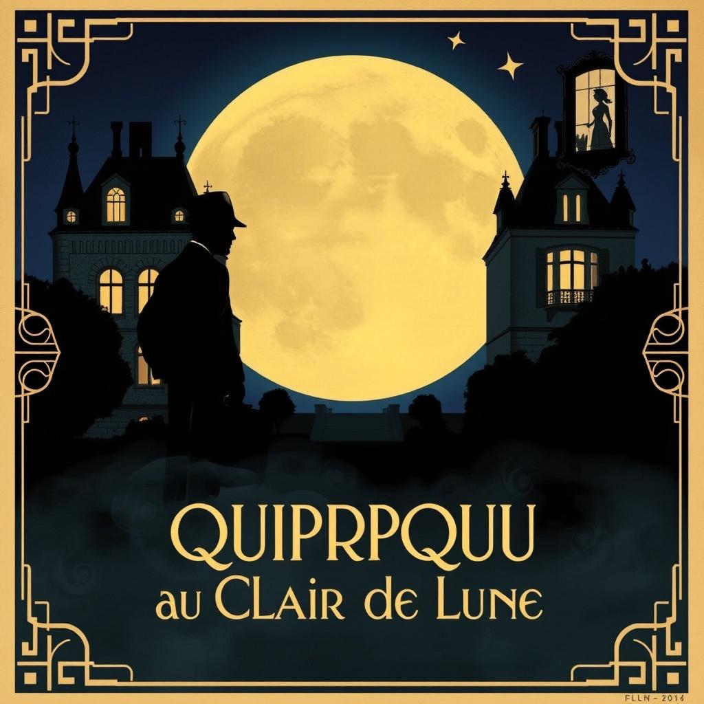 A vintage 1920s silent film poster for 'Quiproquo au Clair de Lune' (Misunderstanding in the Moonlight), styled in elegant Art Deco