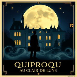 A vintage 1920s silent film poster for 'Quiproquo au Clair de Lune' (Misunderstanding in the Moonlight), styled in elegant Art Deco