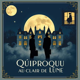 A vintage 1920s silent film poster for 'Quiproquo au Clair de Lune' (Misunderstanding in the Moonlight), styled in elegant Art Deco