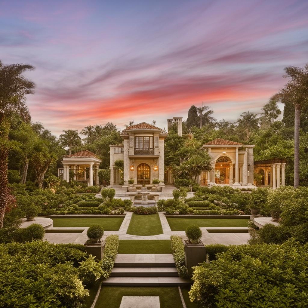 A luxurious, stunning house with intricate architecture and lush surrounding gardens under a captivating sunset sky.