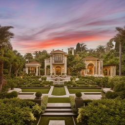 A luxurious, stunning house with intricate architecture and lush surrounding gardens under a captivating sunset sky.