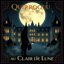 A vintage 1920s silent film poster for 'Quiproquo au Clair de Lune' (Misunderstanding in the Moonlight) designed in an elegant Art Deco style, infused with a touch of mystery