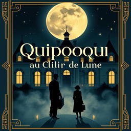 A vintage 1920s silent film poster for 'Quiproquo au Clair de Lune' (Misunderstanding in the Moonlight) designed in an elegant Art Deco style, infused with a touch of mystery