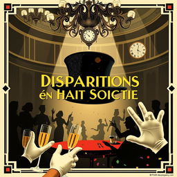 A vintage 1920s silent film poster for 'Disparitions en Haute Société' (Disappearances in High Society), designed in a mysterious yet whimsical Art Deco style with a touch of comedy