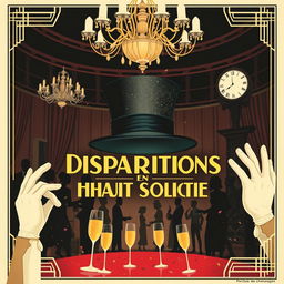 A vintage 1920s silent film poster for 'Disparitions en Haute Société' (Disappearances in High Society), designed in a mysterious yet whimsical Art Deco style with a touch of comedy