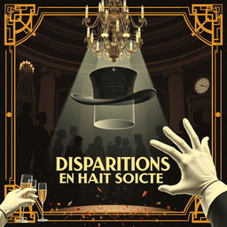 A vintage 1920s silent film poster for 'Disparitions en Haute Société' (Disappearances in High Society), designed in a mysterious yet whimsical Art Deco style with a touch of comedy