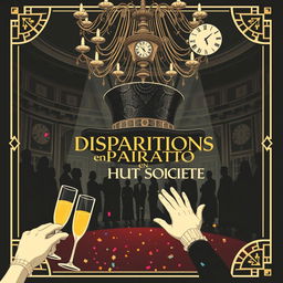 A vintage 1920s silent film poster for 'Disparitions en Haute Société' (Disappearances in High Society), designed in a mysterious yet whimsical Art Deco style with a touch of comedy