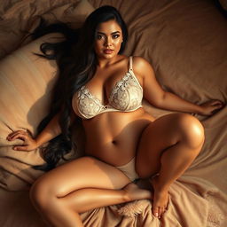 A voluptuous woman lying on a soft, plush surface, elegantly spreading her legs in a confident and relaxed pose