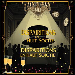 A vintage 1920s silent film poster for 'Disparitions en Haute Société' (Disappearances in High Society), crafted in a mysterious yet whimsical Art Deco style with a touch of comedy