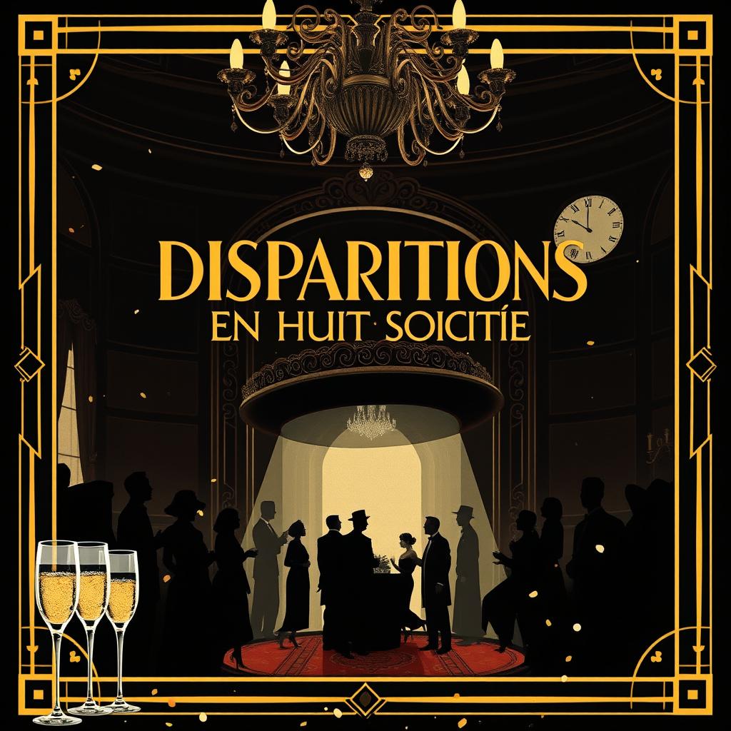 A vintage 1920s silent film poster for 'Disparitions en Haute Société' (Disappearances in High Society), crafted in a mysterious yet whimsical Art Deco style with a touch of comedy