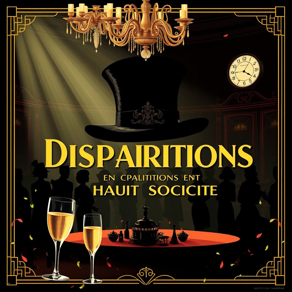 A vintage 1920s silent film poster for 'Disparitions en Haute Société' (Disappearances in High Society), crafted in a mysterious yet whimsical Art Deco style with a touch of comedy