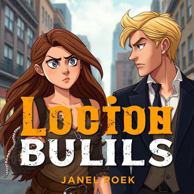 An animated book cover featuring a woman with long brown hair, dressed in tattered, poor clothing, looking angrily at a sophisticated blonde-haired man