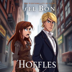 An animated book cover featuring a woman with long brown hair, dressed in tattered, poor clothing, looking angrily at a sophisticated blonde-haired man