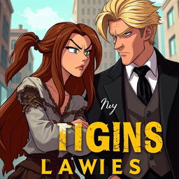 An animated book cover featuring a woman with long brown hair, dressed in tattered, poor clothing, looking angrily at a sophisticated blonde-haired man