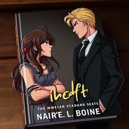 An animated book cover featuring a woman with long, dark brown hair, dressed in ragged, poor clothing, expressing anger as she looks intensely at a suave blonde-haired man