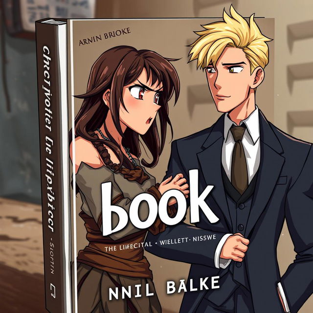 An animated book cover featuring a woman with long, dark brown hair, dressed in ragged, poor clothing, expressing anger as she looks intensely at a suave blonde-haired man