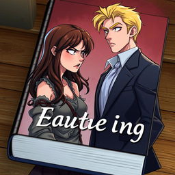 An animated book cover featuring a woman with long, dark brown hair, dressed in ragged, poor clothing, expressing anger as she looks intensely at a suave blonde-haired man