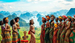 A vibrant scene depicting hundreds of beautiful African women from various tribes, each showcasing their stunning traditional attire against a picturesque Vietnamese backdrop