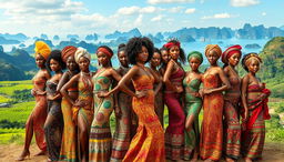 A vibrant scene depicting hundreds of beautiful African women from various tribes, each showcasing their stunning traditional attire against a picturesque Vietnamese backdrop