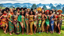 A vibrant scene depicting hundreds of beautiful African women from various tribes, each showcasing their stunning traditional attire against a picturesque Vietnamese backdrop