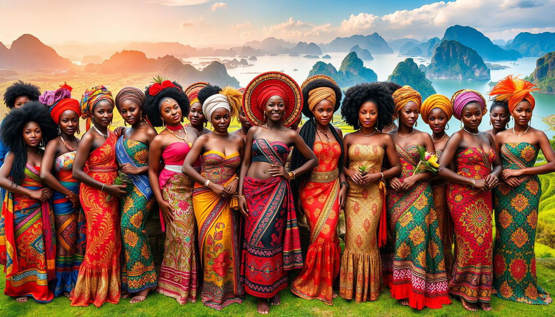 A vibrant scene depicting hundreds of beautiful African women from various tribes, each showcasing their stunning traditional attire against a picturesque Vietnamese backdrop