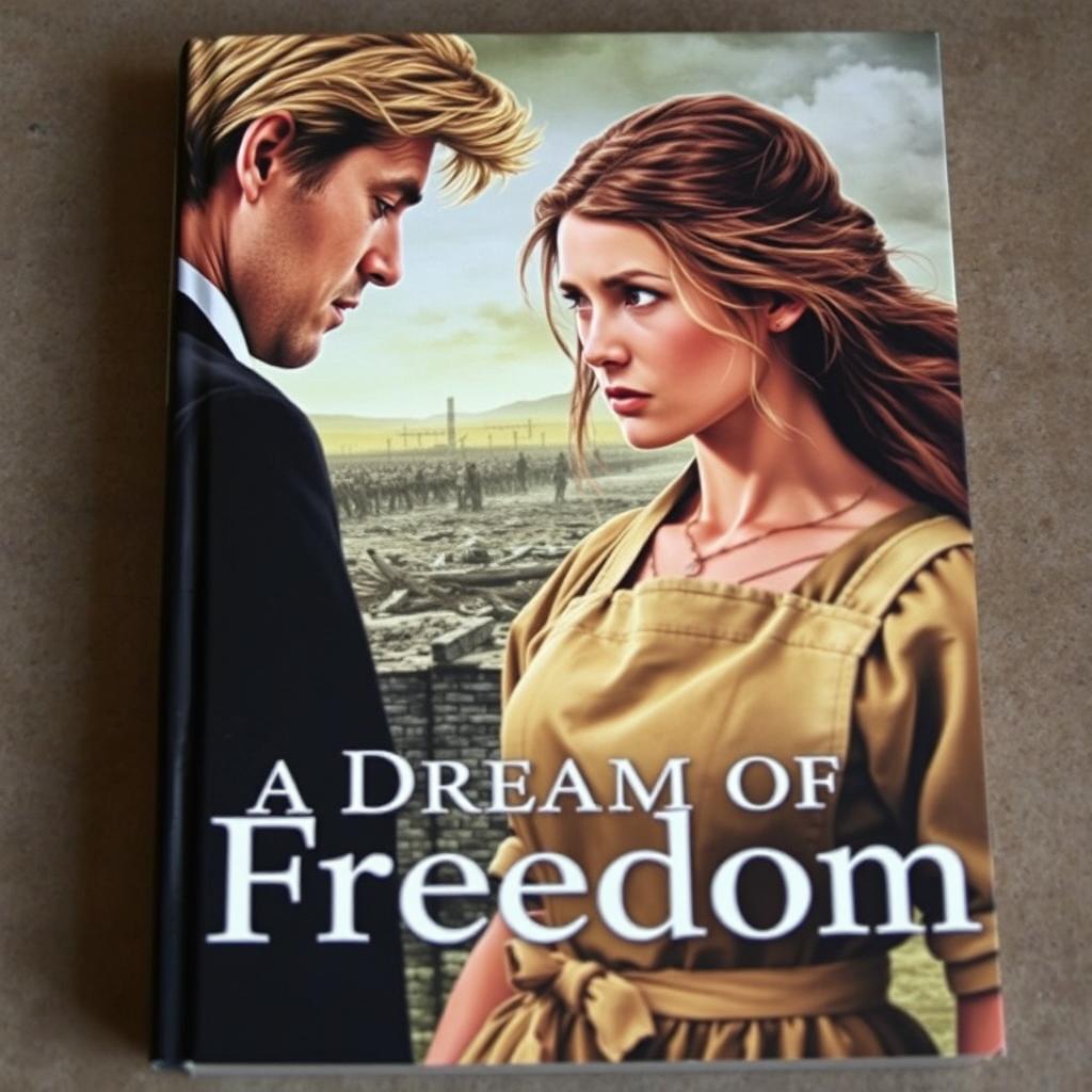 An evocative book cover featuring a poor but beautiful woman with long brown hair, dressed in a simple, worn apron, looking fiercely at a well-dressed blonde-haired man in an elegant suit