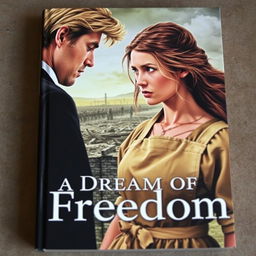 An evocative book cover featuring a poor but beautiful woman with long brown hair, dressed in a simple, worn apron, looking fiercely at a well-dressed blonde-haired man in an elegant suit