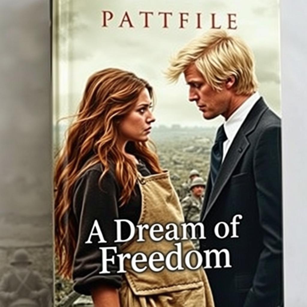 An evocative book cover featuring a poor but beautiful woman with long brown hair, dressed in a simple, worn apron, looking fiercely at a well-dressed blonde-haired man in an elegant suit