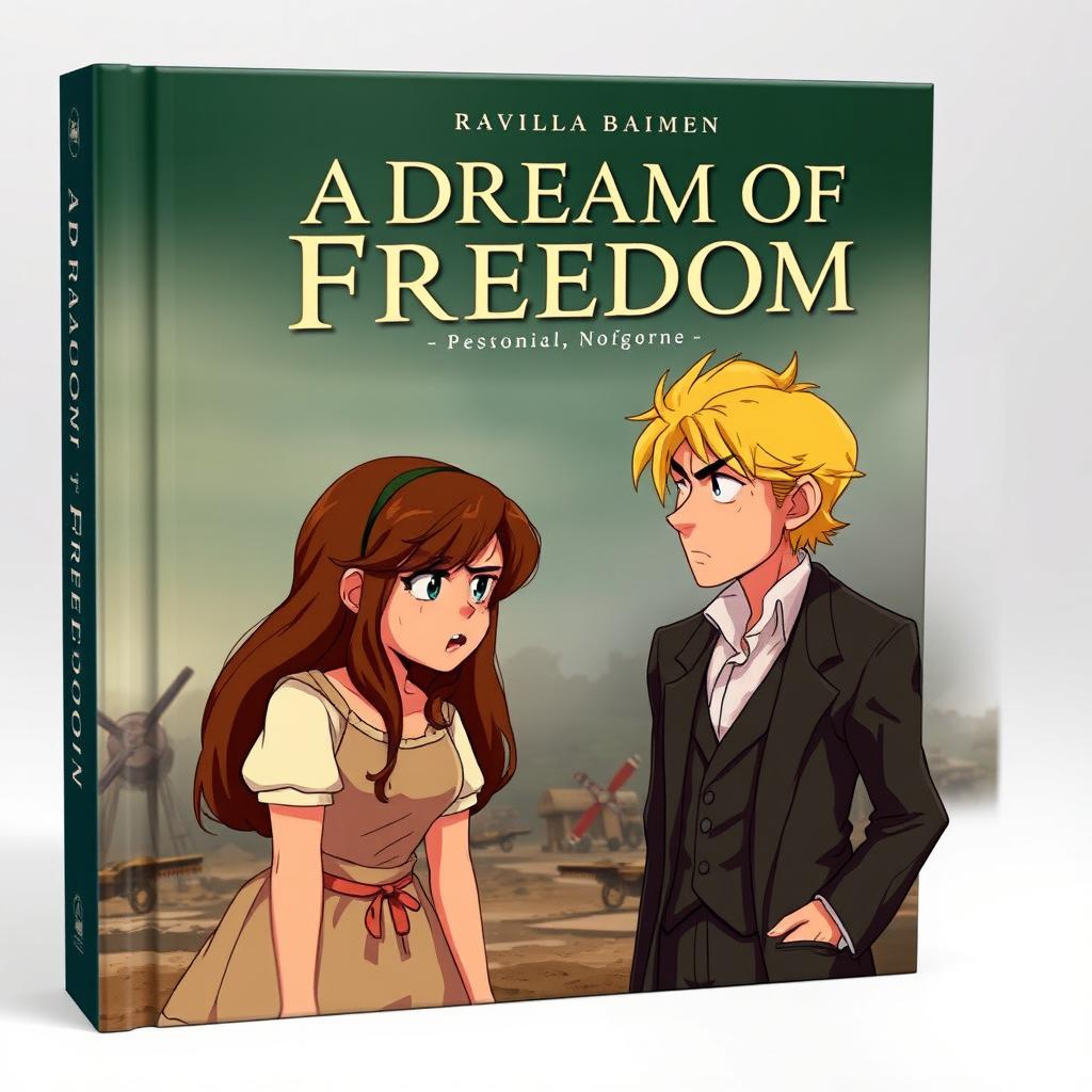 An animated book cover titled 'A Dream of Freedom', featuring a poor but beautiful woman with long brown hair, wearing a simple and tattered apron