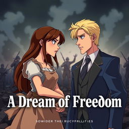 An animated book cover titled 'A Dream of Freedom', featuring a poor but beautiful woman with long brown hair, wearing a simple and tattered apron