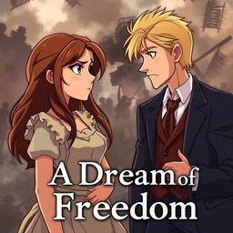 An animated book cover titled 'A Dream of Freedom', featuring a poor but beautiful woman with long brown hair, wearing a simple and tattered apron