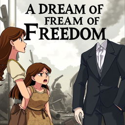 An animated book cover titled 'A Dream of Freedom', featuring a poor but beautiful woman with long brown hair, wearing a simple and tattered apron