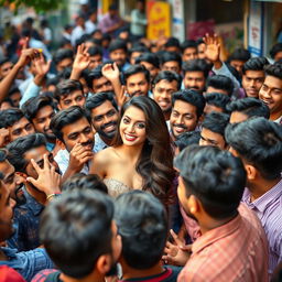 A playful scene featuring a large crowd of 20 enthusiastic male fans gathered around a glamorous Bollywood actress, Kriti Sanon