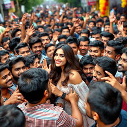 A playful scene featuring a large crowd of 20 enthusiastic male fans gathered around a glamorous Bollywood actress, Kriti Sanon