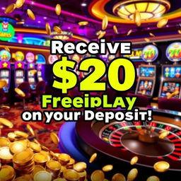 A lively and alluring casino promotional image showcasing a vibrant graphic that reads 'Receive $20 Freeplay on Your Deposit!' The background features an inviting casino environment with colorful lights, slot machines, and a roulette table