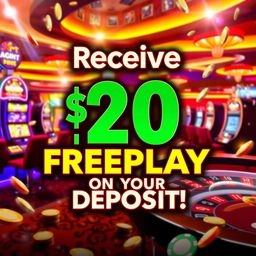 A lively and alluring casino promotional image showcasing a vibrant graphic that reads 'Receive $20 Freeplay on Your Deposit!' The background features an inviting casino environment with colorful lights, slot machines, and a roulette table