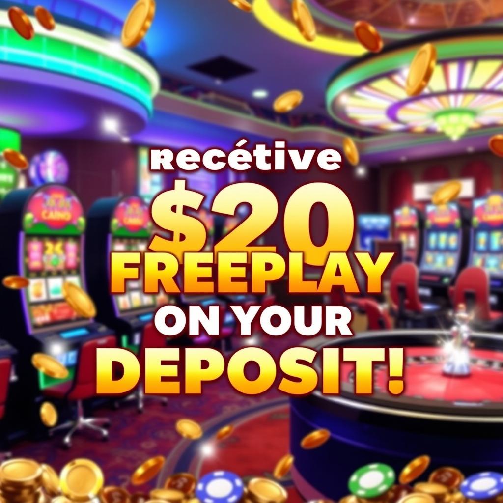 A lively and alluring casino promotional image showcasing a vibrant graphic that reads 'Receive $20 Freeplay on Your Deposit!' The background features an inviting casino environment with colorful lights, slot machines, and a roulette table