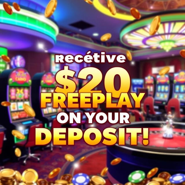 A lively and alluring casino promotional image showcasing a vibrant graphic that reads 'Receive $20 Freeplay on Your Deposit!' The background features an inviting casino environment with colorful lights, slot machines, and a roulette table