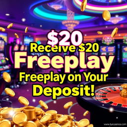 A lively and alluring casino promotional image showcasing a vibrant graphic that reads 'Receive $20 Freeplay on Your Deposit!' The background features an inviting casino environment with colorful lights, slot machines, and a roulette table