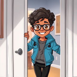 An illustration featuring a 16-year-old boy standing playfully behind a door