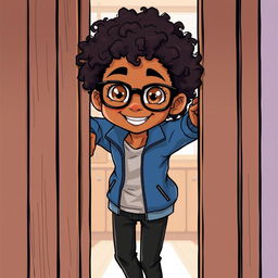 An illustration featuring a 16-year-old boy standing playfully behind a door