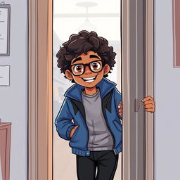 An illustration featuring a 16-year-old boy standing playfully behind a door